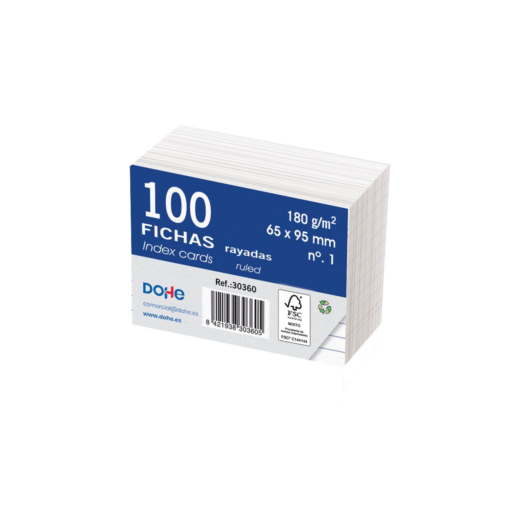 Fichas de cartulina offset blanca de 180 g, rayadas - nº 1 - 65 x 95 mm